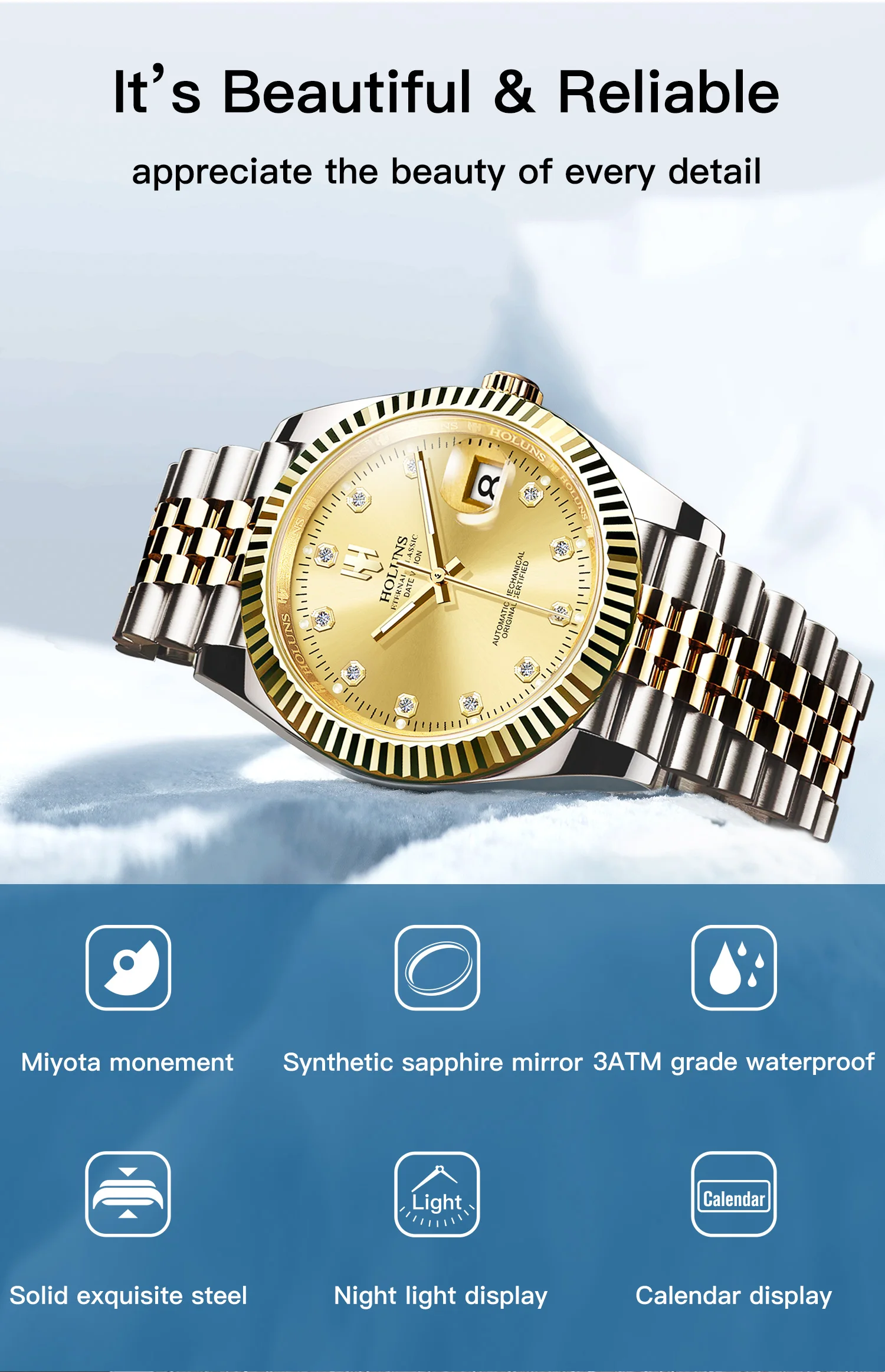 Holuns 2024 neue Luxus Edelstahl Automatik uhr für Männer Gold klassische Rolle mechanische Armbanduhren Saphir wasserdicht