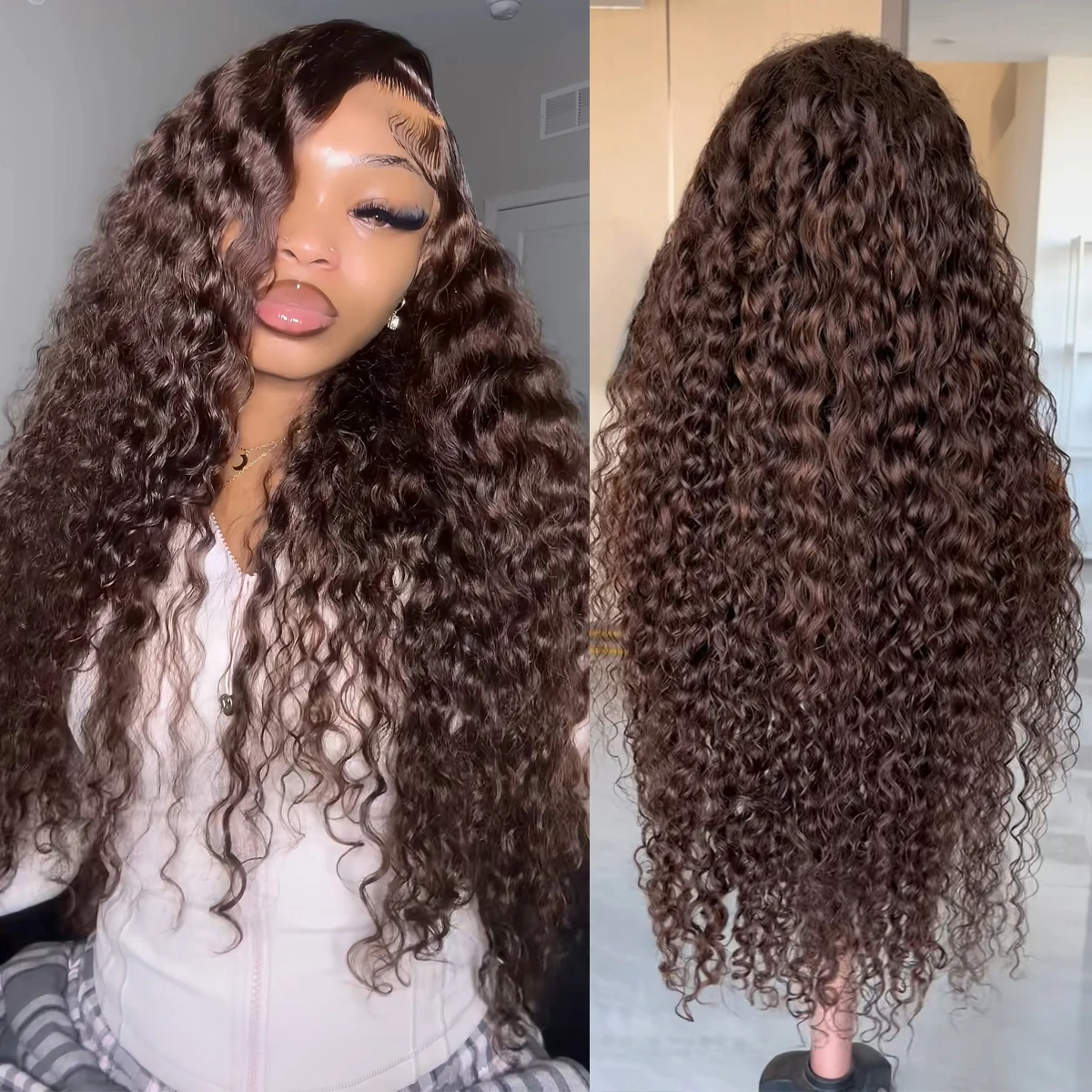 Peruca de Cabelo Humano Ondulado Profundo Marrom Chocolate 13x6 com Renda Frontal HD # Peruca Cacheada Marrom com Ondas Coloridas 4 em 1, Frontal de Renda 13x4, 30 Polegadas