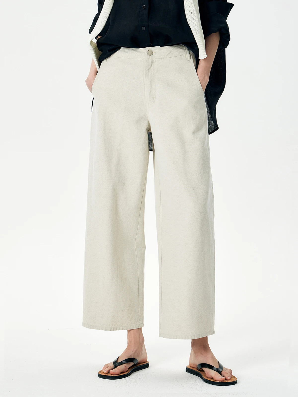

Thoransaura Linen Cotton Blend Casual Pants Natural Waist Straight Leg Breathable Drapey Nine Points Laundry Friendly
