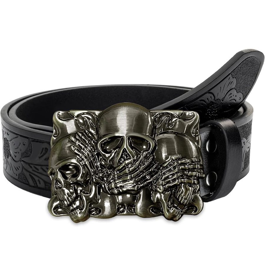 Totenkopf-Gürtel, exquisit geschnitzte große Plattenschnalle, Legierungsschnalle für Männer und Frauen – unregelmäßiges Muster, geschnitzte Blume, langes Horn, Stier H