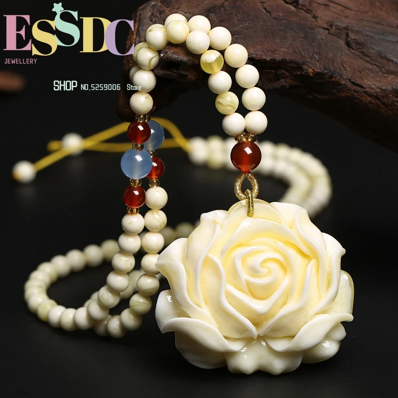 

8MM Natural White Bodhi Root 108 Mala Beaded Bracelet with Pink Rose Pendant for Fashion Women's Fine Accessories Dropship