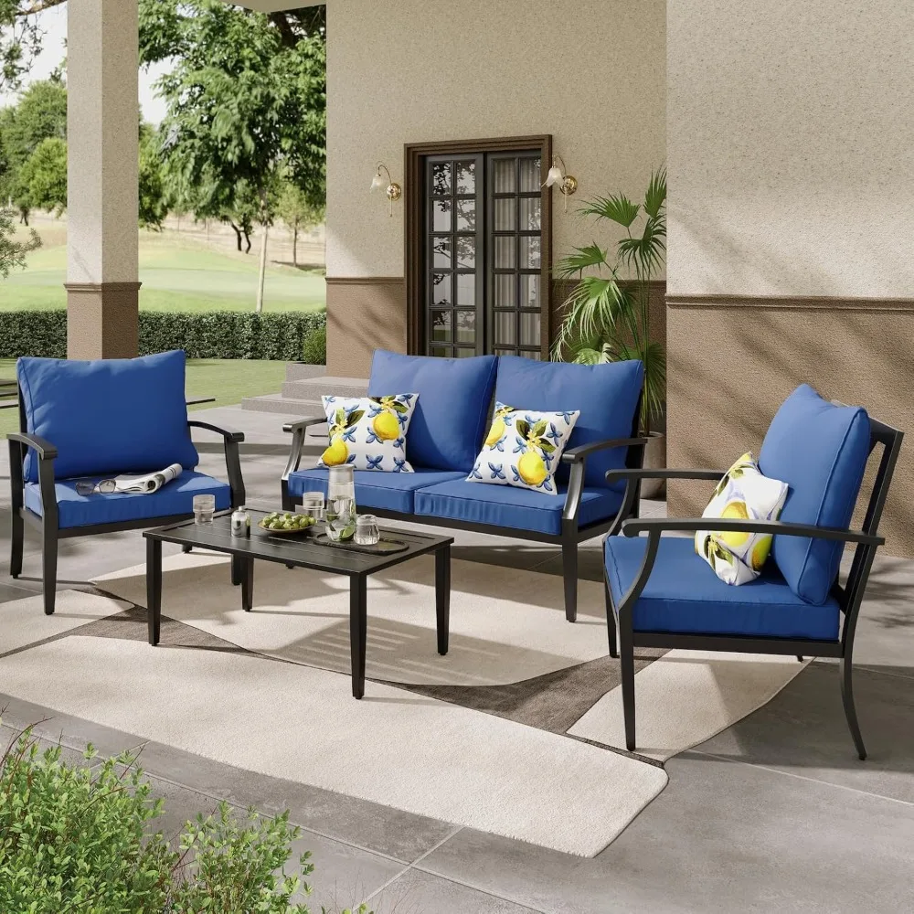 

4 Pieces Patio Furniture Set w/loveseat,Coffe Table,Outdoor Conversation Metal Sofa with High Back and Thick Cushion,for Backyar