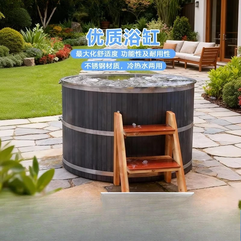 Customized stainless steel bath tub with bathtub cover can be customized firewood heating furnace suitable for hot and cold wate