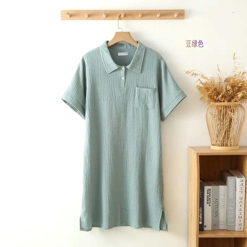 2023 Summer New Women's Sleeping Dress 100% Cotton Crepe Short Sleeve Polo Dress Women's Button Home Casual Dress Nightgown