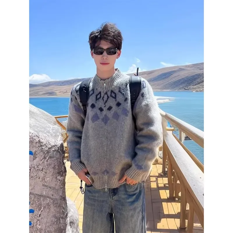 

Vintage Fair Isle Knit Cardigan Men's Autumn Winter American High-End Sensation Diamond Pattern Embroidery Knitted Jaet