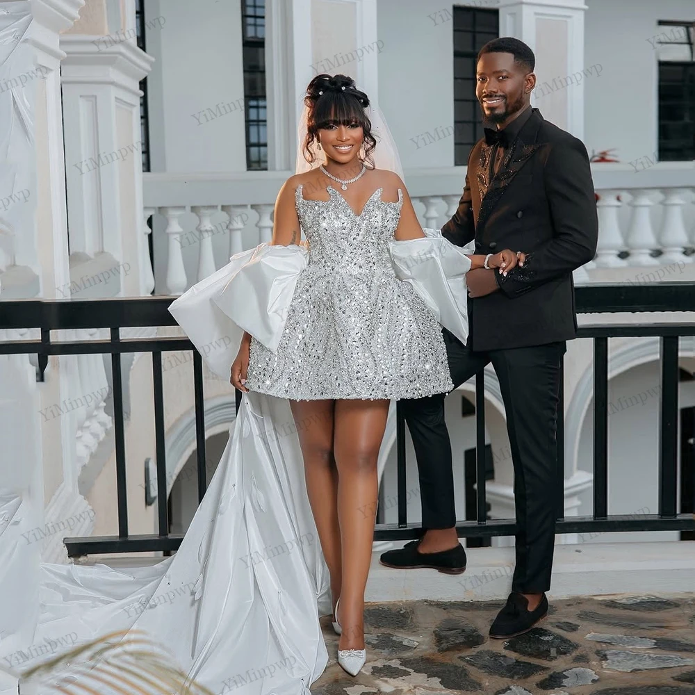 Luxury Short Wedding Dresses for Bride with Cape Corset Crystal Sequins Africa After Party Wedding Reception Dress Customized view 4