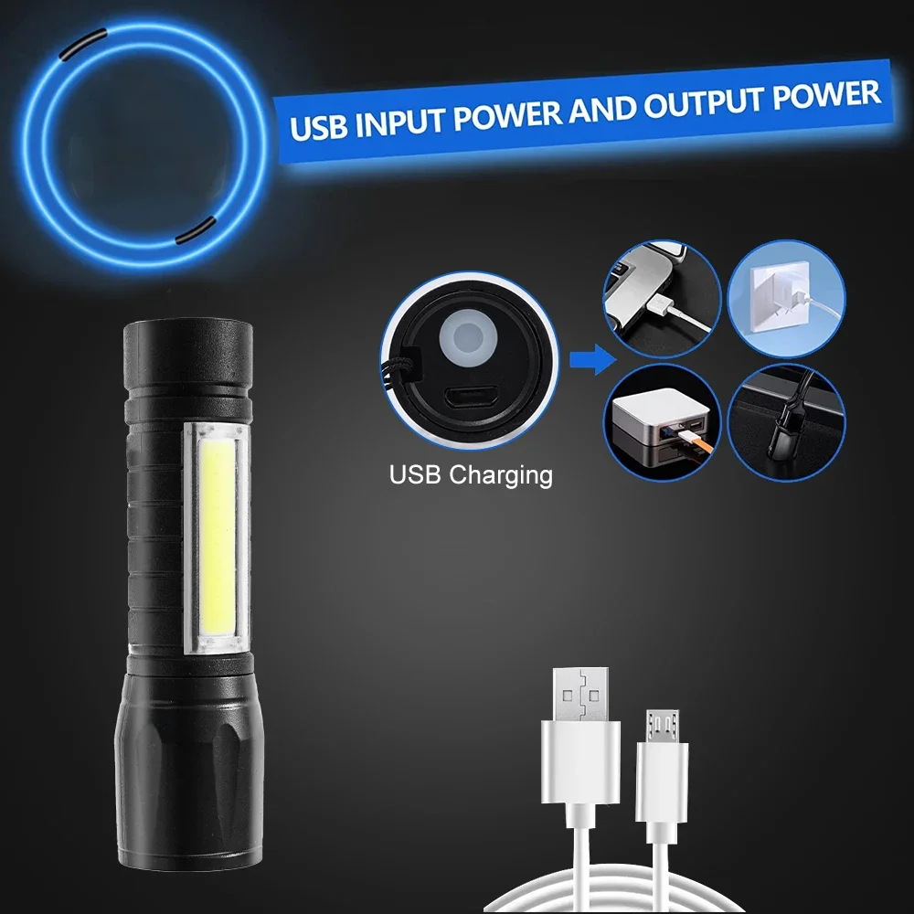 Portable Mini LED Flashlight 3 Modes USB Rechargeable Zoom Torch Strong Light Outdoor Camping COB Lamp Waterproof Flashlights