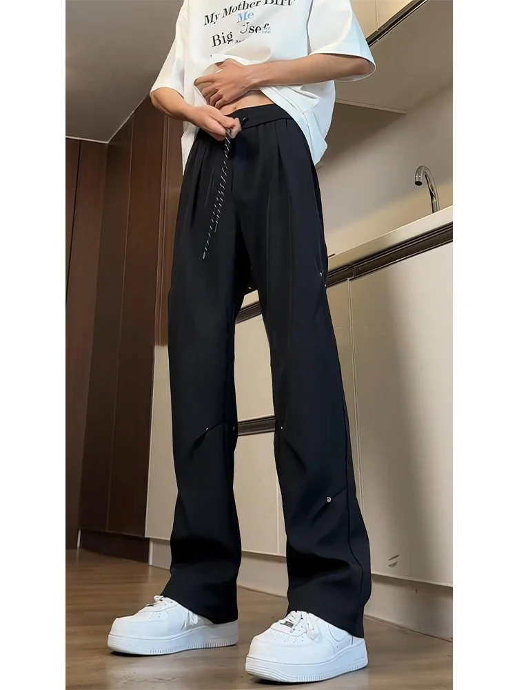 

Мужские летние тонкие брюки Bla Ice Silk Rivet Workwear с микро-клешем и прямым кроем, модные, в стиле кэжуал