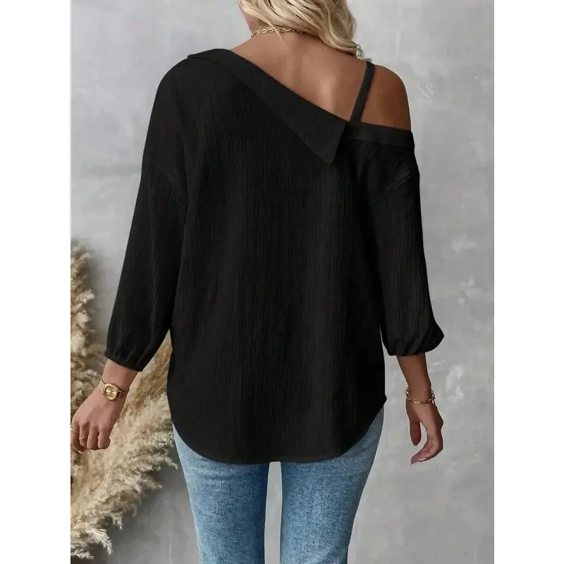 حجم كبير بلوزات النساء قميص أعلى مكتب سيدة واحدة الصدر قبالة الكتف جيب غير المتكافئة الإناث قميص غير رسمي