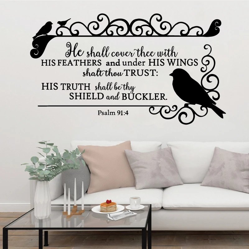 

Psalm 91:4 Bible Verse Religious Wall Sticker Christian Living Room Bedroom Church Prayer Decoration Vinyl Decal Gift S1