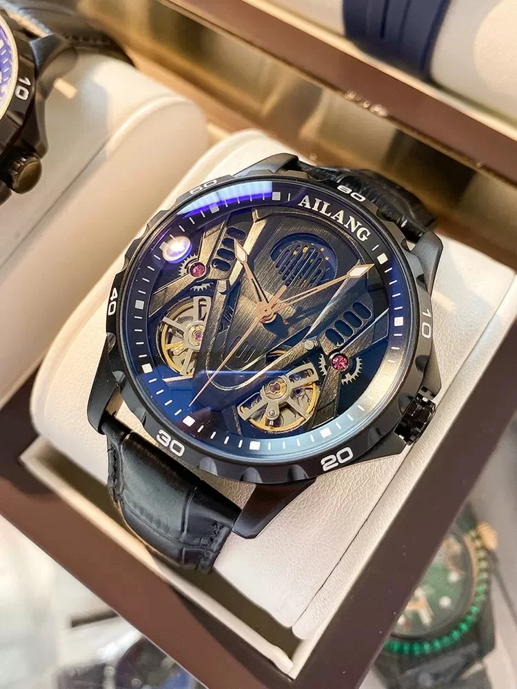 AILANG 2023 New Double Tourbillon Design Mechanical Watch Men Sports Leather Moon Phase Automata Mens Watches Top Brand Luxury