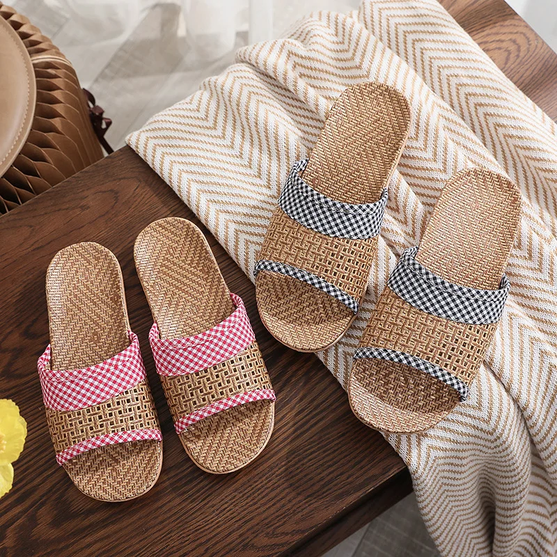 Mn Women Fashion Butterfly Knot Slip On Slides Indoor Home Slippers Shoes Summer Straw Beach Slippers Female Linen Flip Flops