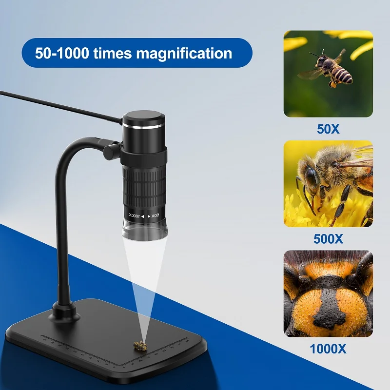 Type-C Microscope Camera 50-1000X Digital Video Microscope with Stand 8LEDs USB-C Electronic Magnifier for Android Phones PC