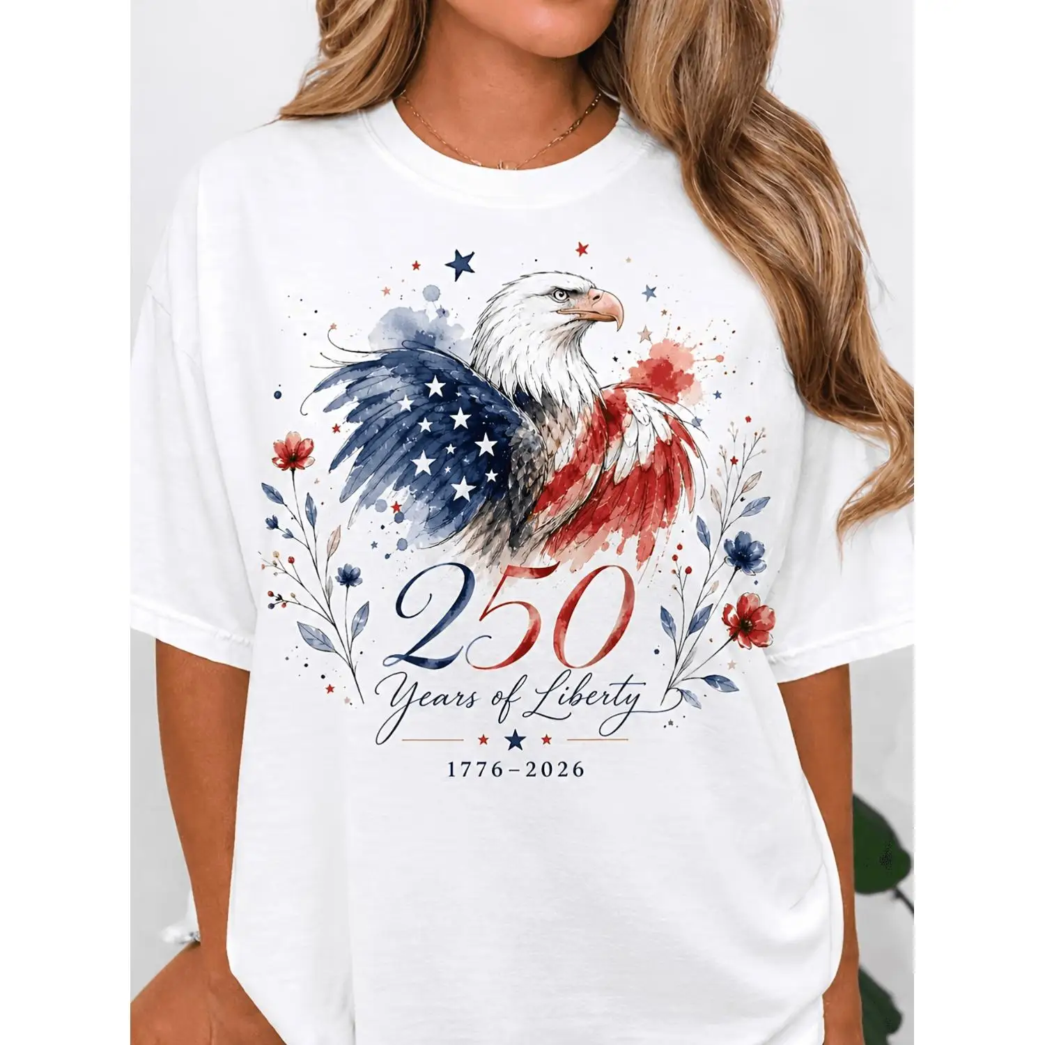 Women's Size Patriotic Eagle T-Shirt Suitable for Independence Day, 250th Anniversary Freedom Commemorative Top with 1776-2026 Print, Short Sleeve Crew Neck Casual for 4th of & History Apparel