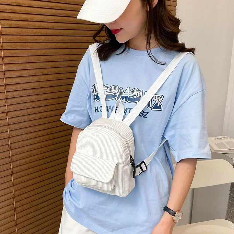 Women's Mini Backpack Fashion Solid Color Corduroy Small Simple Casual Traveling Large Capacity Kawaii Female's Schoolbag