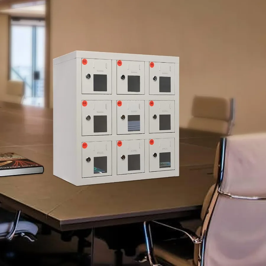 خزانة الهاتف الخليوي 9 Bays خزانة فولاذية للهاتف المحمول مع خزانة محطة شحن شاحن وقفل مفتاح للفصول الدراسية وEm