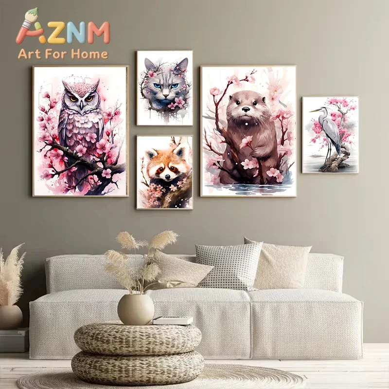 Sakura Animals Poster Prints Otter Owl Cat Panda Highland Cow Heron Canvas Painting Wall Art for Living Room Home Decor Mural