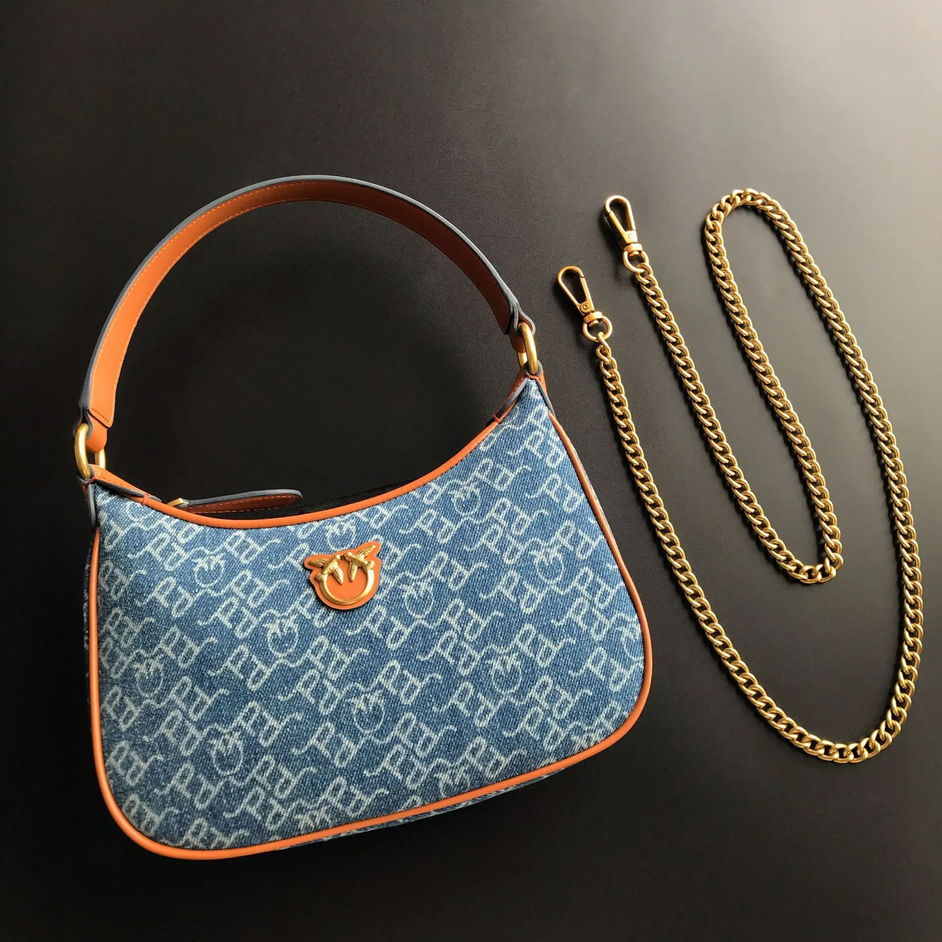 Nouvel arrivage : Sac à main femme Pinko, style denim, en cuir véritable, sac mini-oreiller à bandoulière, avec chaîne