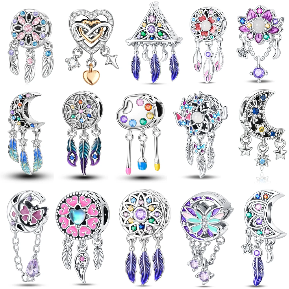 

Colorful Christmas 925 Sterling Silver Celtic Knot Dream Catcher & Palette Paintbrush Beads Dangle Charm Fits Original Bracelet