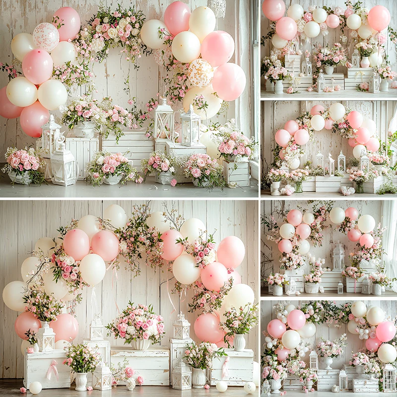 

LS Photography Background Spring Floral White Wooden Crate Balloon Decor Easter Birthday Cake Smash Kids Portrait Photo Backdrop