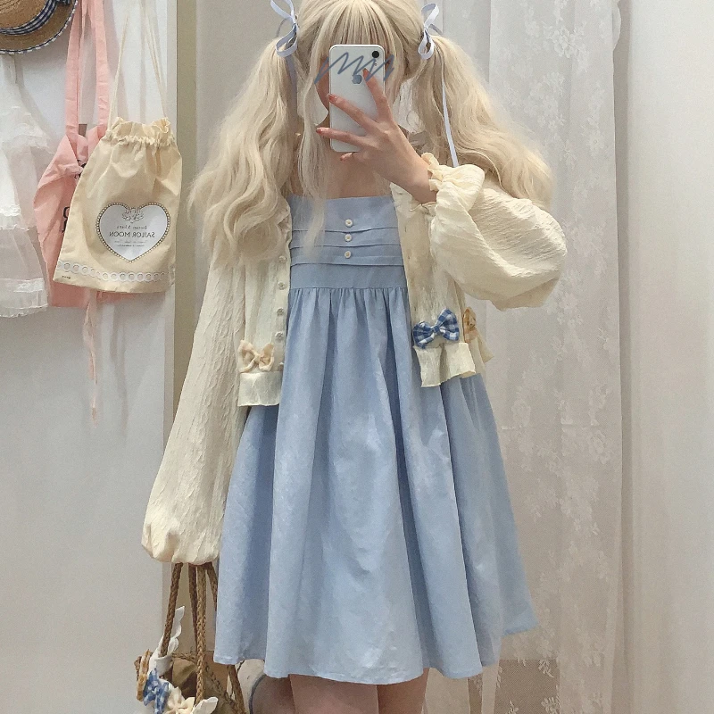 

Japanese Kawaii Lolita Dress Women High Waist Sweet Party Mini Dresses Girl Blue Princess Korean Fashion Plaid Bow Strap Dresses