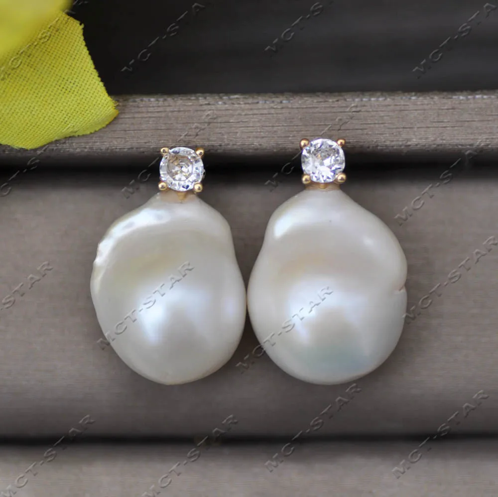 Z13243 Set White Baroque Keshi Reborn Pearl Stud Earring Pendant CZ Custom Jewelry