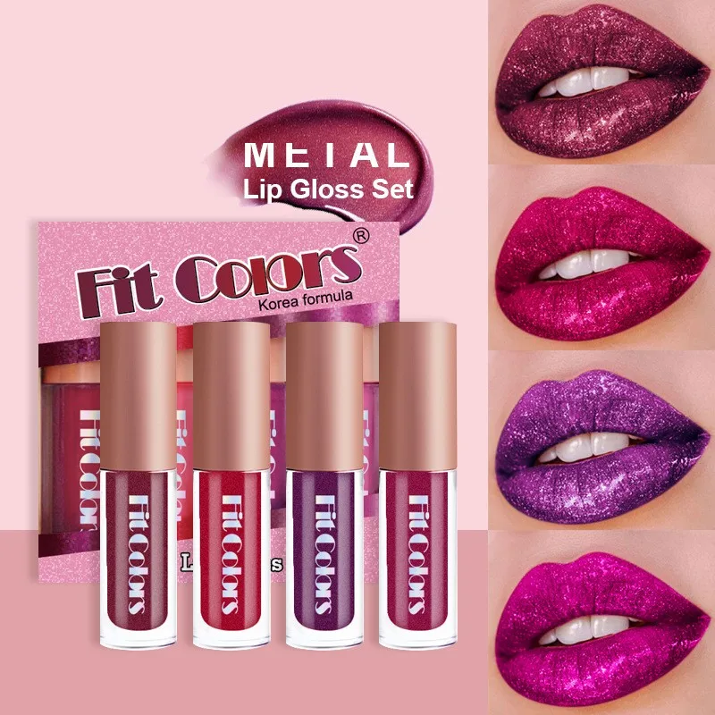 4 Stks/set Metallic No-Stick Cup Lipgloss Parelwitte Diamant Fijne Glitter Matte Hydraterende Waterdichte Lip Glazuur Vloeibare Lippenstift Kit