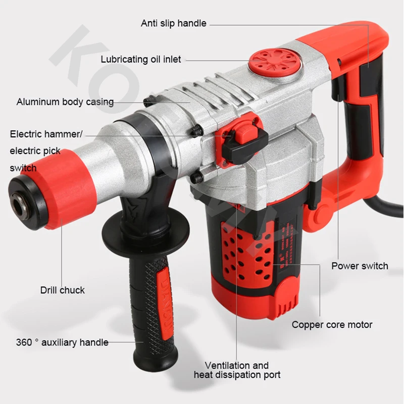 220V Household Electric Hammer Heavy Duty Rotary Hammer Drill Industry Multifunction Impact Drill Electric Pick for Concrete