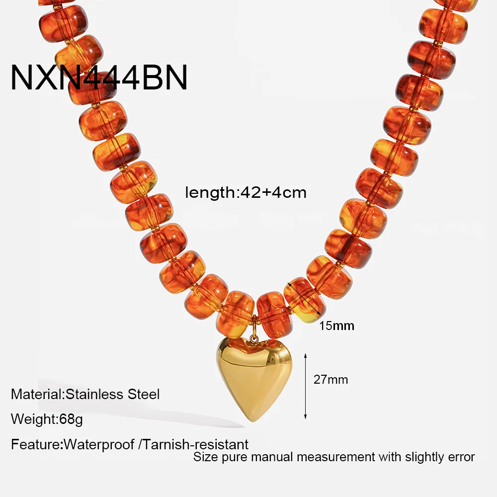 Women's Stainless Steel Plated 18K Gold Bead Necklace Rainbow Y2K Acrylic Heart Pendant Summer Jewelry Gift