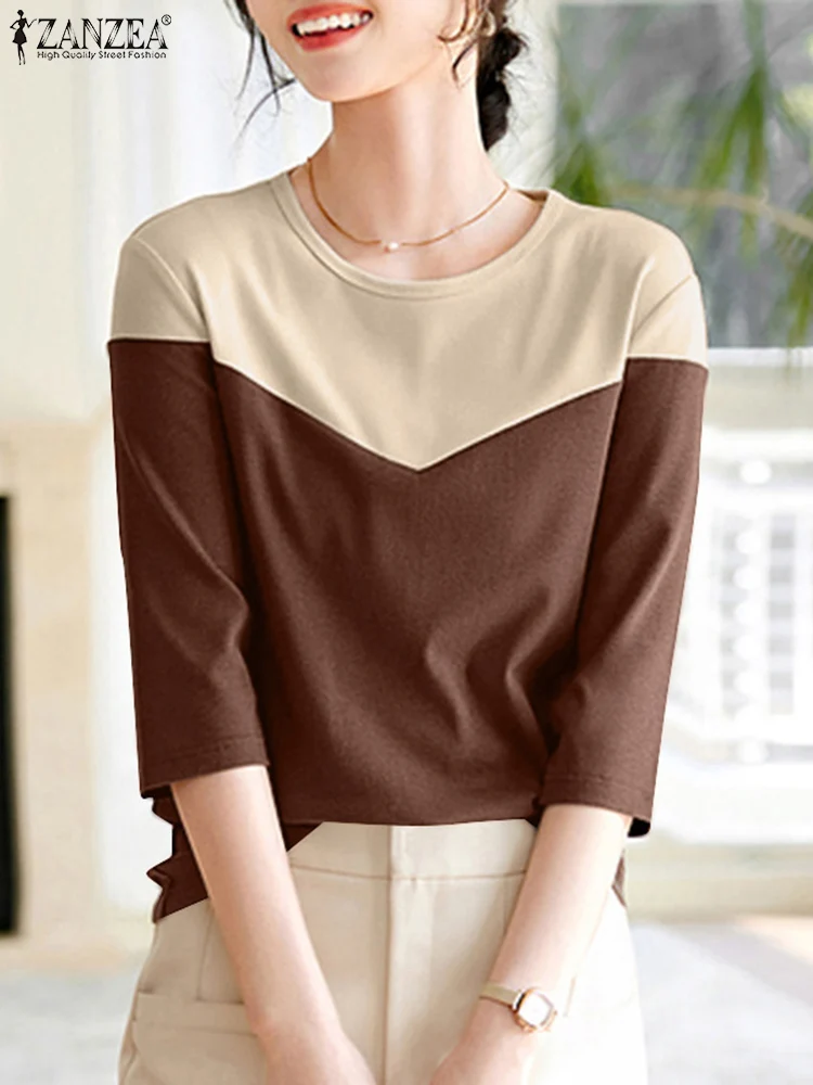 تي شيرت نسائي صيفي مرقع بلوزة عمل أنيقة OL بلوزات فضفاضة من ZANZEA موضة رقبة دائرية نصف كم تي شيرت Mujer قميص كبير الحجم