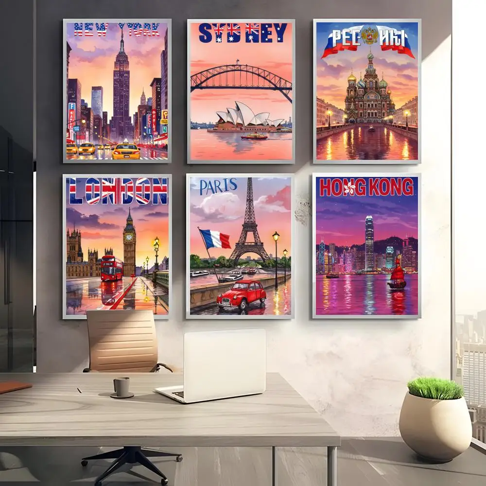 category global World-famous cities Poster HD art sticky wall waterproof home bedroom bar aesthetic decoration