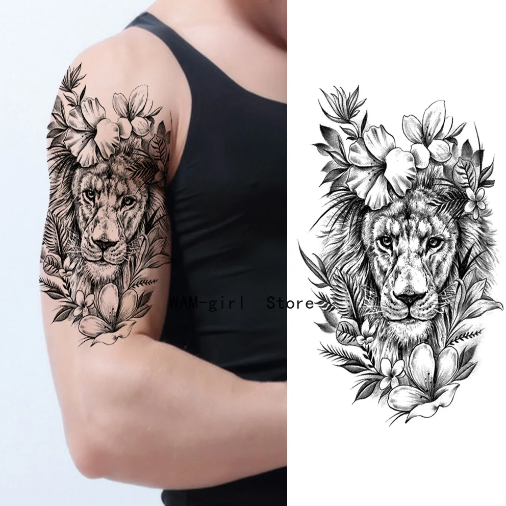 1pc Lion  Waterproof Temporary Tattoos Men Fake Stickers Half Arm Hand Cool Art Black  King of the Forest
