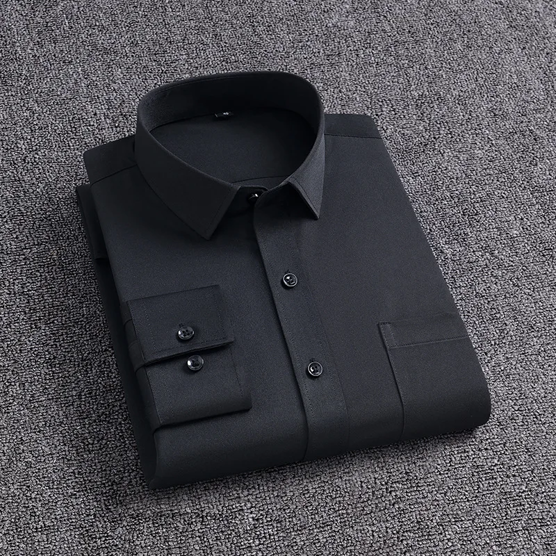 New Men's with Pockets Middle-aged Long-sleeved Spring Autumn Casual Non-ironing Four-sided Elastic Business Solid Color Shirts