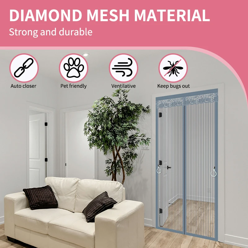 Anti-mosquito curtains Diamond mesh living room curtains Rhombic mesh material Magnetic suction magnetic free punching