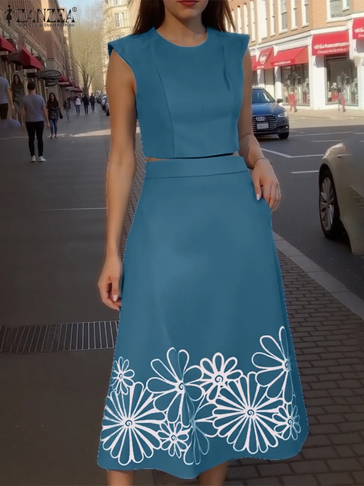 

ZANZEA Work Outfits Women 2PCS Suits Summer Sleevless Tank Tops A-Line Midi Skirts 2025 Fashion Party Vintage Printed Dress Sets