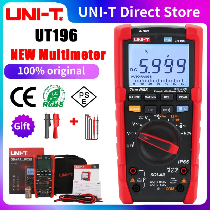 Multímetro Digital profesional UNI-T UT196, probador de voltaje de 1700V CC, verdadero valor eficaz de capacitímetro, medidor de frecuencia de resistencia, Solar Pro
