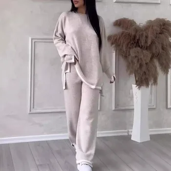 Set lavorato a maglia da donna Home Contrast Split Manica lunga Maglia a vita alta Pantaloni a gamba larga Completo a due pezzi Abito pantalone allentato casual da donna