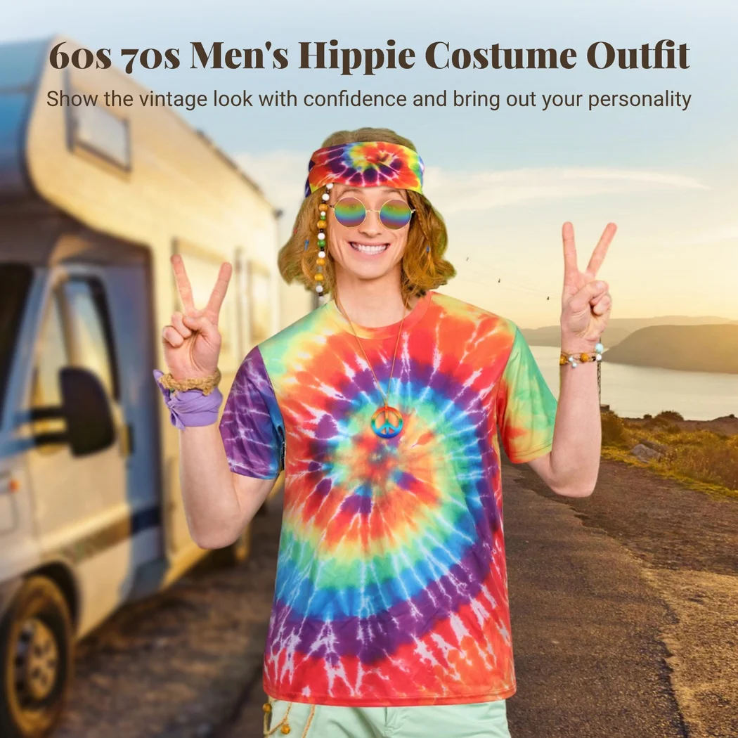 Traje Hippie de los 70 para hombre, Conjunto de camiseta con estampado de teñido anudado colorido con diadema, gafas de sol, collar de signo de la