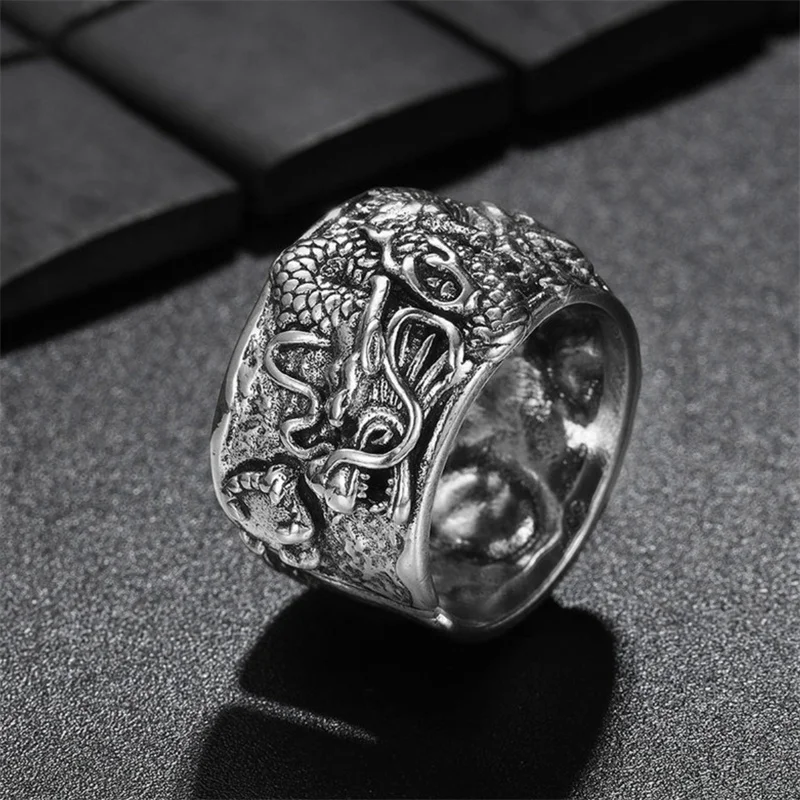 Domineering Relief Dragon Ring Men Jewelry Ethnic Style Zodiac Aniaml Design Male Index Finger Ring Open Size