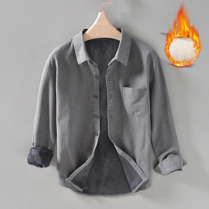 L965 Men\'s Winter Fashion Thicken Warm Fleece Casual Shirt Vintage Classic Long Sleeve Solid Color Simple Versatile Blouses Male