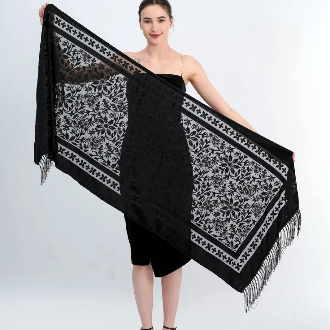 

Бархатный ажурный шарф с цветочным принтом в стиле ретро, этнический шарф с кисточками, бархатный палантин из пашмины, мусульманский хиджаб, пляжная шаль Cheongsam