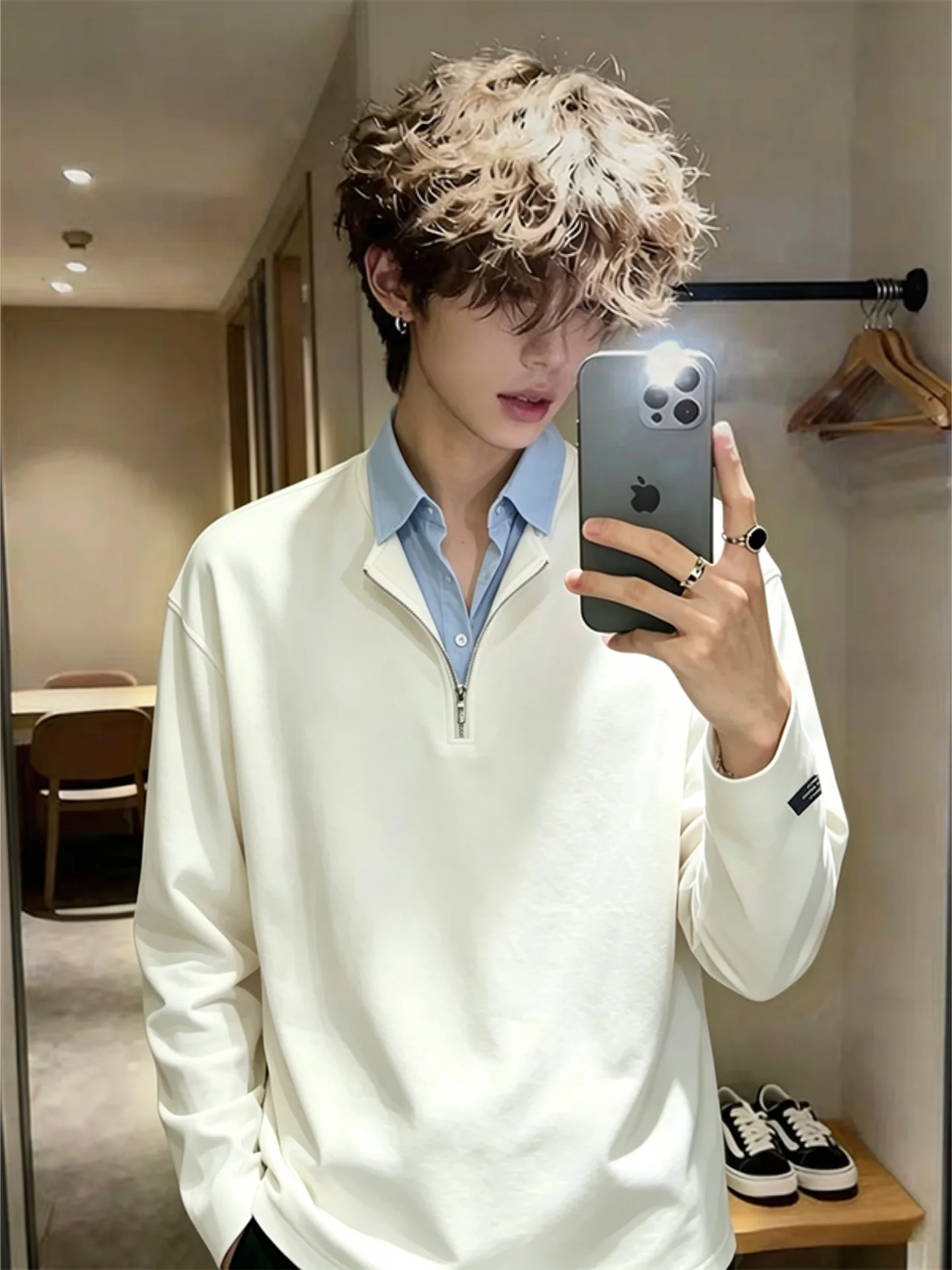 White Half Zip Long Sleeve  Shirt Men's Autumn American College Style Sweatshirt Soft Comfortable Polyester Cotton Blend