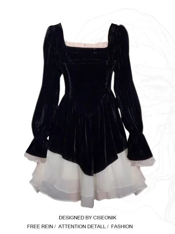 

Новинка! Женское платье больших размеров в стиле Хепберн, имитация двух частей, с завышенной талией, черное, корейская версия, свободный крой, А-силуэт, юбка.