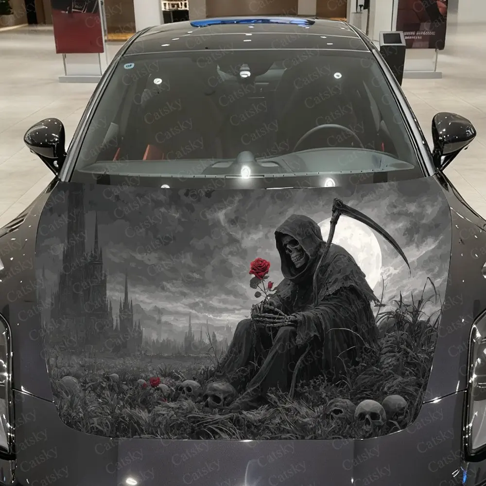 Gothic Ruins & Flower-Burying Reaper Car Vinyl Wrap, PVC Waterproof Car Hood Sticker, Self-Adhesive Scratch-Resistant Stickers
