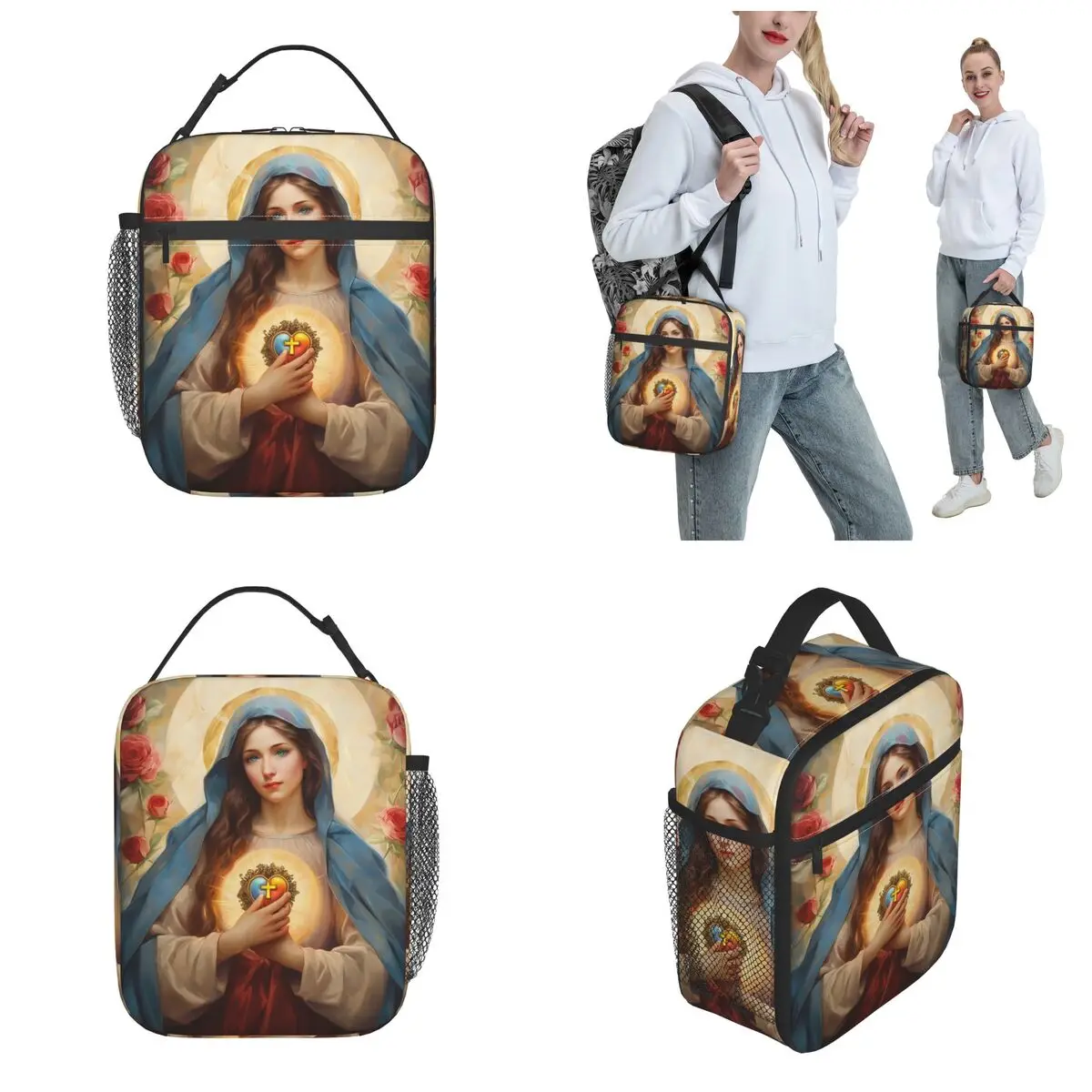 Immaculate Heart Of Mary Catholic Insulated Lunch Bags Jesus Christ Saint Storage Food Box Thermal Cooler Lunch Boxes For Travel