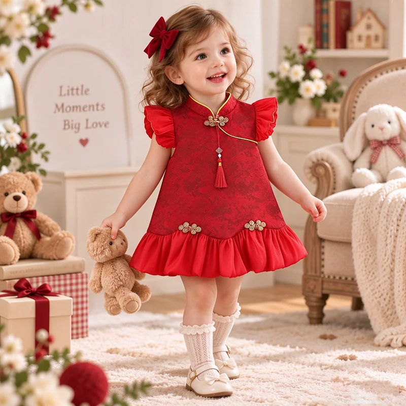 Chinese Style Kid Qipao Classic Buckle New Year Dress Adorable Children Clothing 1-3 Years Old Summer Delicate Baby Girl Dresses