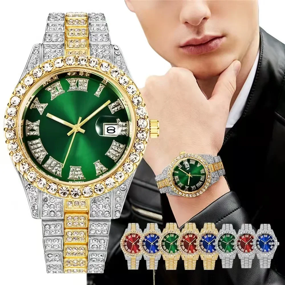 Luxury Hip Hop Style Gold Roman Scale Dial with Rhinestone Date Men's Business Quartz Watch Relogio Masculino Fashion Saati Gift