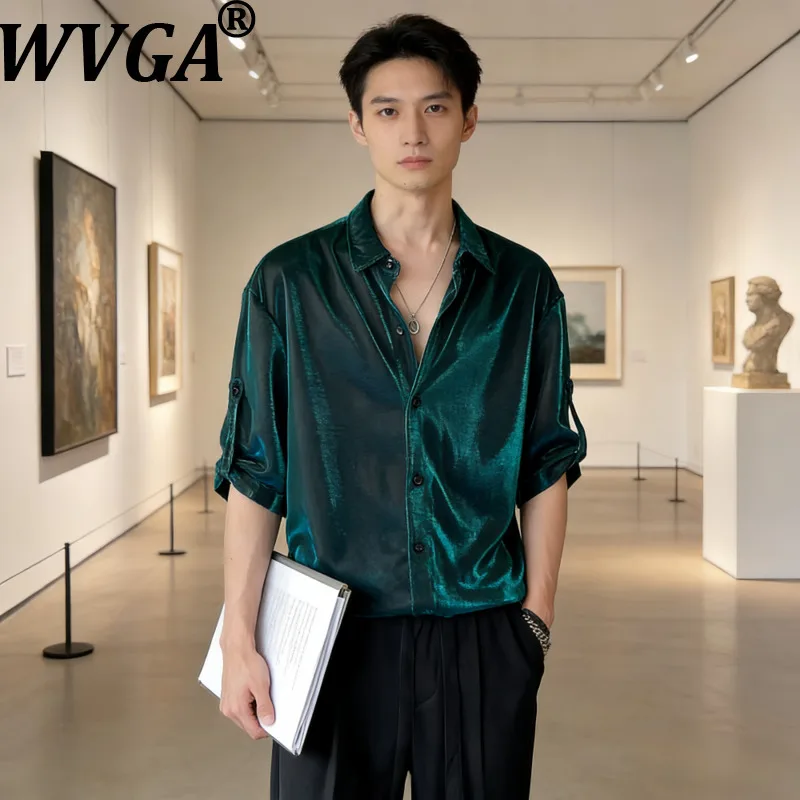 

WVGA Spring Summer New Men's Tide Light Luxury Gradient Design Liquid Color Wave Draped Breathable Half Sleeve Shirts Ins W19821