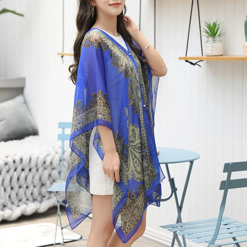 Fashion Woman Chiffon Blouse Swimsuit Sarong Printed Sunscreen Shawl Soft Loose Bikini Cover Up Beachwear Beach Accessories