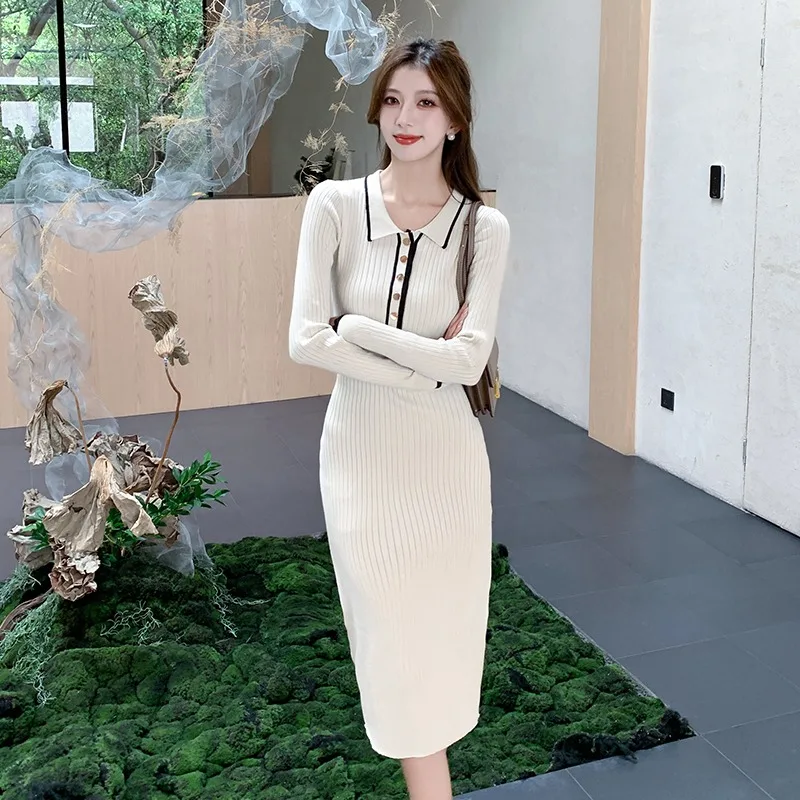 New Vintage Ribbing Knitted Women's Dress Slim Lapel Long Sleeve Korean Fashion Strech Sweater Bodycon Dresses Vestidos Robe